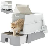 PawHut Bac à Litière pour Chat en Inox, Tiroir Coulissant, Couvercle Amovible, Pelle, Sacs Filtrants，Pédale, 60x40x45cm, Gris(m-18)