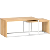 HOMCOM Conjunto de 2 Mesas de Centro com Pés de Metal Estilo Industrial 90x48x42 cm e 59x42x36 cm Branco e Madeira(m-1)