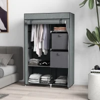 HOMCOM Fabric Wardrobe, Portable Wardrobe, Clothes Storage Unit with 5 Compartments, Hanging Rail and 2 Fabric Drawers, 102 x 42.5 x 162.5cm, Dark Grey(m-10)