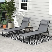 Outsunny Portable Sun Lounger Set of 2, Folding Camping Bed Cot, Reclining Lounge Chair 5-position Adjustable Backrest with Side Pocket, Pillow for Patio Garden Beach Pool, Grey(m-2)
