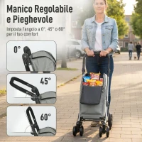 HOMCOM Carrello Spesa Pieghevole in Alluminio con Ruote, Borsa da 46L, Scomparto Refrigerato, Manico Regolabile, Grigio(m-6)
