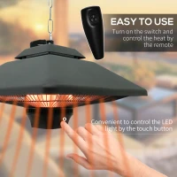 Outsunny Hanging Electric Patio Heater with 2 Power Settings, 1000/2000W Waterproof Ceiling Mounted Aluminium Halogen Infrared Outdoor Heater Warmer with LED Light and Remote Control, Black(m-4)