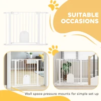 PawHut Dog Gate with Cat Flap Pet Safety Gate Barrier, Stair Pressure Fit, Auto Close, Double Locking, for Doorways, Hallways, 75-103 cm White(m-8)
