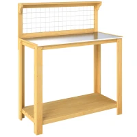 Outsunny Wooden Potting Bench Table with Aluminium Worktop, Outdoor Garden Workbench with 2 Shelves(m-1)