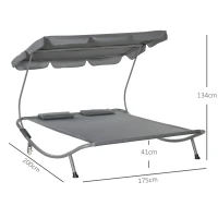 Outsunny Tumbona Doble con Toldo Ajustable Tumbona de Jardín para 2 Personas con Cojines y 2 Ruedas 200x175x134 cm Gris(m-3)
