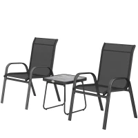 Outsunny Ensemble de jardin 3 pièces 2 chaises empilables et table carrée avec dossier haut revêtement en textilène noir(m-11)