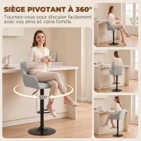 HOMCOM Tabourets de Bar Lot de 2, Chaises de Bar en Chenille, Hauteur Réglable, Pivotant 360°, Dossier et Repose-Pieds, Gris(m-6)