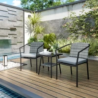 Outsunny 3 Pieces Rattan Bistro Set with Cushions, Wicker Garden Furniture Set, Glass Top Coffee Table and Chairs for Outdoor Patio, Balcony, Terrace and Conservatory, Grey(m-10)