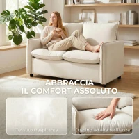 HOMCOM Divano 2 Posti Imbottito in Tessuto Effetto Pelle Traspirante, Imbottitura Spessa, 2 Cuscini, Braccioli, per Soggiorno, Crema(m-4)