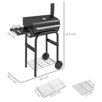 Outsunny Barbecue a Carbone con Coperchio, Termometro e Camino, Ripiani e Ruote, Nero(m-3)