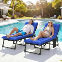 Outsunny Folding Sun Loungers for Garden Set of 2, 5-Position Oversized Camping Bed Recliner with Cushions, Blue(m-10)