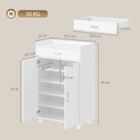 HOMCOM Pantofar cu 1 Sertar și 5 Rafturi Dulap pentru Pantofi Modern Rafturi Reglabile 6 Perechi 62,5x35x95 cm Alb(m-3)