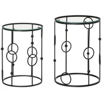HOMCOM Set di 2 Tavolini da Caffè Impilabili in Metallo e Vetro Temperato Ø41x57cm e Ø36x51cm, Nero(m-1)