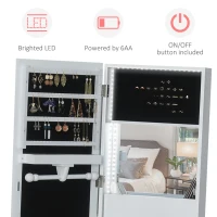HOMCOM Jewellery Cabinet, Standing Mirror with LED Lights, Full-Length Mirror with Storage Drawers, Hooks and Shelves, Make-Up Armoire, Jewellery Organiser for Bedroom, White(m-4)