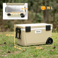 Outsunny 70L Insulated Cool Box with Wheels, Portable Ice Cooler with Handle, Lid and Drain Valve, Khaki(m-3)