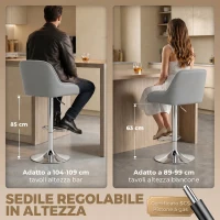 HOMCOM Set 2 Sgabelli da Bar con Schienale, Girevoli e Regolabili in Altezza, Finta Pelle, Grigio Chiaro(m-5)