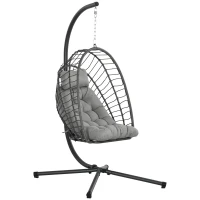 Outsunny Outdoor PE Rattan Swing Chair with Foldable Basket and Cushion, Garden Patio Hanging Egg Chair with Metal Stand, Headrest for Indoor and Outdoor, Light Grey(m-1)
