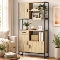 HOMCOM Aparador Alto para Cozinha Armário de Cozinha 3 Portas com Fecho Suave Gaveta Bancada Nichos Abertos Madeira Natural(m-5)