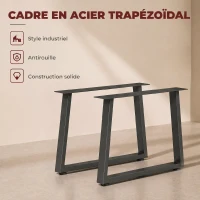 HOMCOM Pieds de table en acier, 60 x 43 cm, lot de 2 pieds de bureau trapezoïdes avec patins réglables et vis, noir(m-4)