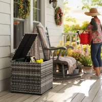 Outsunny 253L Garden Storage Box, Rattan Deck Box with Zipped Liner, Safe Pneumatic Rod, Patio Storage Container, Mixed Grey(m-10)