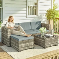 Outsunny Conjunto de Jardim em Vime de 5 Peças Inclui Almofadas 2 Poltronas de Canto Poltrona sem Braços Apoia-Pés e Mesa de Centro Cinza Claro(m-10)