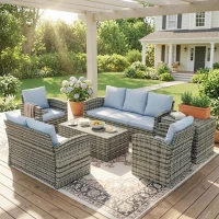 Outsunny 6 Pieces Rattan Garden Furniture Set, 7 Seater Wicker Outdoor Furniture Set with Storage Tea Table & Side Table, Sectional Garden Sofa Set with Cushions, Grey(m-2)