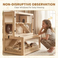PawHut Wooden Hamster Cage with Hut, Wheel, Ramps, Removable Viewing Panels, 80 x 50 x 84 cm, Natural(m-6)