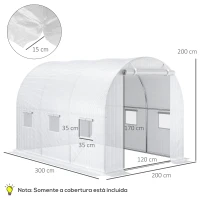 Outsunny Cobertura de Estufa de Túnel 3x2x2m Cobertura de Substituição de Estufa Polietileno com 6 Janelas e Portas Enroláveis Branco(m-3)