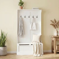 HOMCOM Appendiabiti da Terra 179.7cm con Panca Porta Scarpe, 5 Ganci, Dispositivo Antiribaltamento, per Ingresso, Crema(m-7)