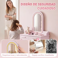 AIYAPLAY Tocador de Maquillaje Niña con Espejo de LED de 3 Colores Taburete 2 Cajones Tocador Infantil para 3 a 8 Años Rosa(m-6)