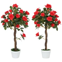 Outsunny Set of 2 Artificial Plants White Rose Floral in Pot, Fake Plants for Home Indoor Decor, 90cm, Red(m-12)