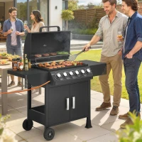 Outsunny Barbacoa de Gas con 6 Quemadores 15 kW Termómetro Parrilla Mesas Laterales Armario y Ruedas 135x51x101 cm Negro(m-10)