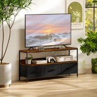 HOMCOM Meuble TV, meuble télé pour téléviseur jusqu'à 55 pouces avec 3 tiroirs et pieds en acier 120 x 29 x 56 cm brun rustique(m-2)