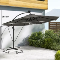 Outsunny Chapéu de Sol Excêntrico com Luzes LED Solares Ø345 cm Base Cruzada Manivela Capa Protetora Cinza Escuro(m-3)