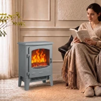 HOMCOM Electric Fireplace, Freestanding Electric Fire with Realistic Flame Effect, Log Burner, 1000W/ 2000W, Grey(m-2)