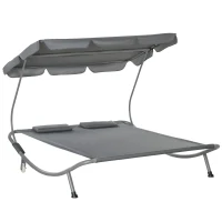Outsunny Tumbona Doble con Toldo Ajustable Tumbona de Jardín para 2 Personas con Cojines y 2 Ruedas 200x175x134 cm Gris(m-1)