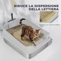 PawHut Lettiera per Gatti XXL in Acciaio Inox con Paletta, Lati Alti, Antiperdita, Antiodore, Fino a 12 kg, Grigio(m-7)