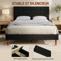 HOMCOM Cadre de Lit 140 x 200 cm avec Sommier Bois, Lit Double Rembourré en Effet Lin, Rangement au-dessous, Sans Bruit, Noir(m-5)
