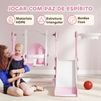 AIYAPLAY Escorrega Infantil 4 em 1 Parque Infantil com Baloiço e Escorrega Escalador Cesto de Basquetebol 147,5x160x107 cm Rosa(m-7)