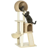 PawHut Arbre à chats griffoir sisal naturel 2 niches plateforme hamac peluche jacinthe d'eau - 60 x 60 x 150 cm beige(m-1)