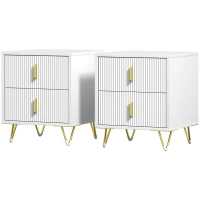 Set of 2 Elegant Fluted Bedside Table - White/Gold-Tone(m-11)