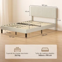 HOMCOM Estrutura de Cama 140x190 cm com Estrado Cabeceira Ajustável Cama de Casal Estofada em Veludo Cotelê Sem Ruído Cinza Claro(m-3)