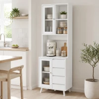 HOMCOM Alacena de Cocina Aparador con 2 Puertas de Vidrio Compartimentos 4 Cajones y Estantes Ajustables 60x35x180 cm Blanco(m-9)