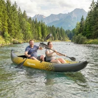 Outsunny 12.5' Inflatable Kayak Set, 2-person Sit on Canoe with Aluminium Oars, Grey and Yellow(m-14)
