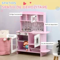 HOMCOM Bucătărie de Jucărie pentru Copii, cu Lumini și Sunete, Dozator Apă, Chiuvetă și Accesorii, MDF, PP, Roz(m-7)