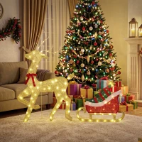 Outsunny Reno Navideño Iluminado con Trineo con 95 LED Blanco Cálido, 8 Modos de Iluminación y Temporizador, Oro(m-4)
