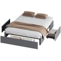 HOMCOM Cadru Pat Dublu cu Șipci și 3 Sertare, din Lemn, Poliester și Metal, 165x193x30 cm, Gri(m-12)