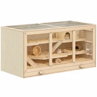 PawHut Hamsterkäfig aus Holz 3 Etagen Nagerkäfig mit reinigbar Ablage Kleintierkäfig mit klappbarem Deckel Treppen Holzkäfig Käfig für Hamster Zwerghamster 115 x 57 x 55 cm Naturholz(m-12)