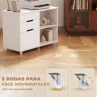 HOMCOM Móvel para Impressora com Rodas, 3 Gavetas, Barra Ajustável, 2 Prateleiras Abertas e Puxadores, para Documentos A4, Branco(m-6)
