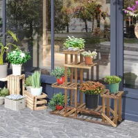 Outsunny Soporte de Madera para Flores Estantería Decorativa para Macetas Plantas con 6 Estantes Interior y Exterior para Jardín Balcón Terraza 95x28x96,5 cm Carbonizado(m-10)